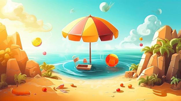 A beach scene with a beach umbrella and a beach umbrella.