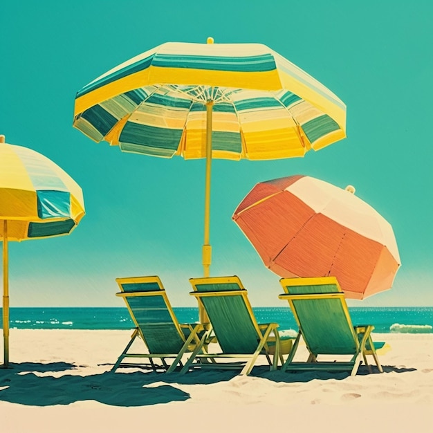 A beach scene with a beach umbrella and chairs on the sand.