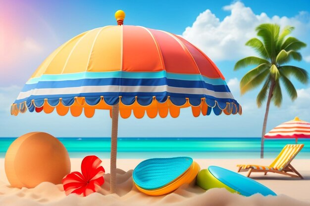 A beach scene with a beach umbrella and a palm tree