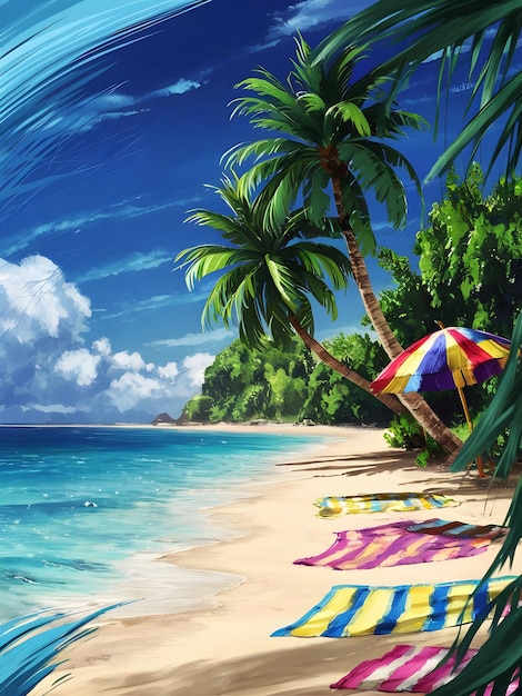 a beach scene with a beach umbrella and palm trees