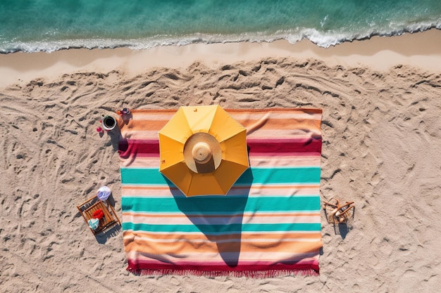 A beach scene with a beach umbrella and a yellow umbrella