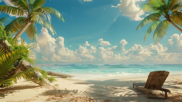 a beach scene with a bench and palm trees