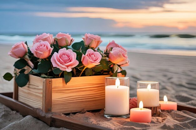 Beach scene with candles and flowers