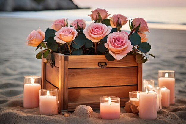 Beach scene with candles and flowers