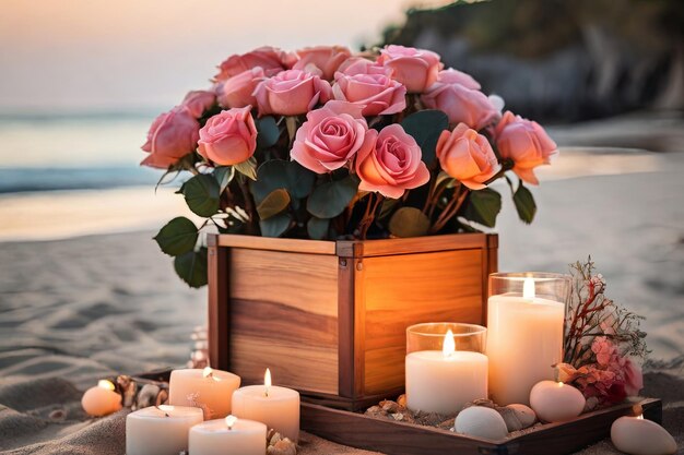 Beach scene with candles and flowers