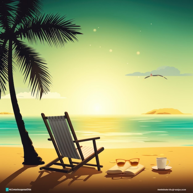 A beach scene with a chair and a book on the beach.