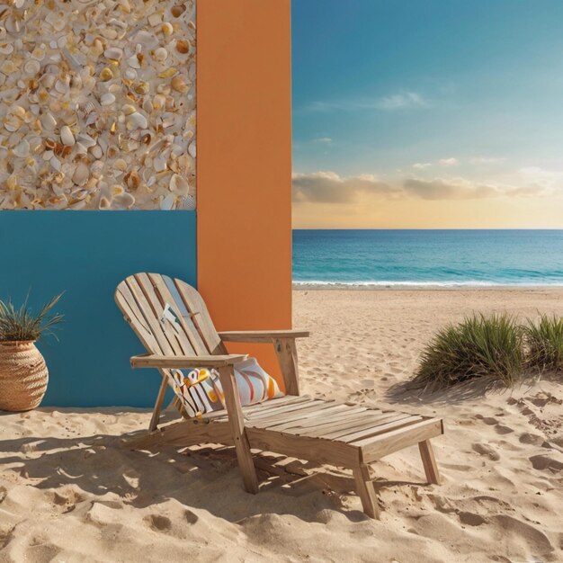 a beach scene with a chair and a wall with a painting of a beach scene