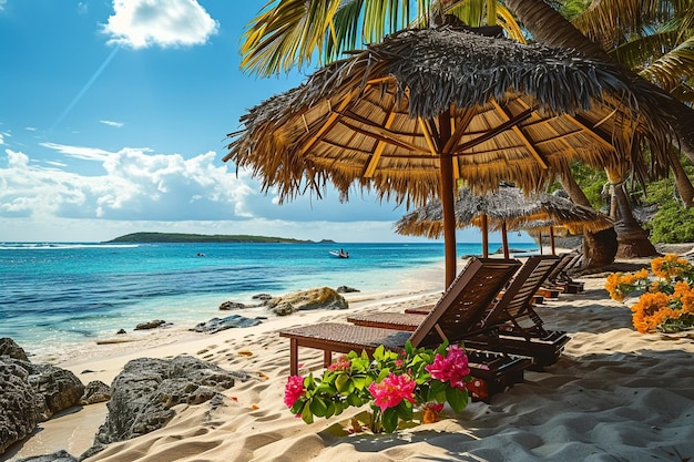 a beach scene with chairs and a beach umbrella