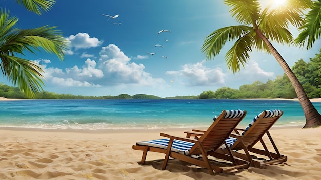 A beach scene with chairs and palm tree on the beach