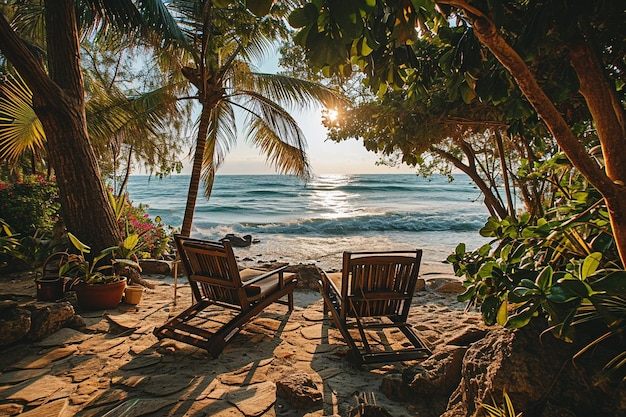 a beach scene with chairs and a palm tree