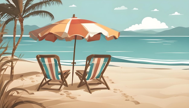 a beach scene with chairs and an umbrella on the beach