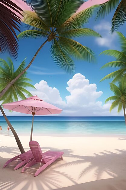 a beach scene with chairs and umbrellas and palm trees