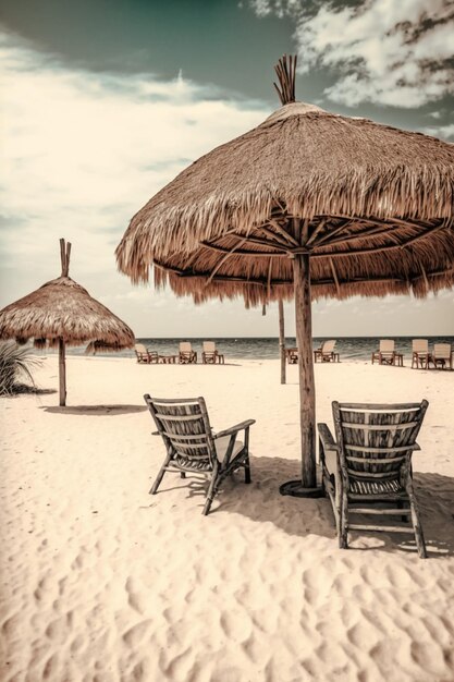 A beach scene with chairs and umbrellas on the sand.