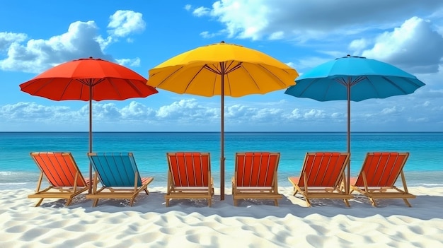 Photo a beach scene with chairs and umbrellas with the ocean in the background