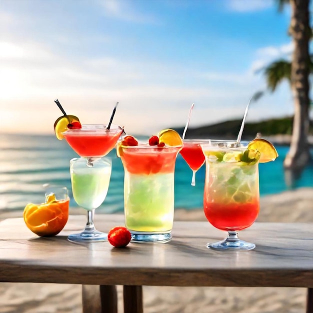 a beach scene with cocktails fruit and water