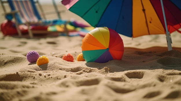 A beach scene with a colorful beach ball and umbrellas on the sand.