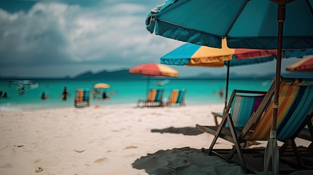 A beach scene with a colorful umbrella and chairs on the sand