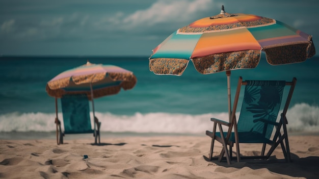 A beach scene with colorful umbrellas and chairs on a beach.