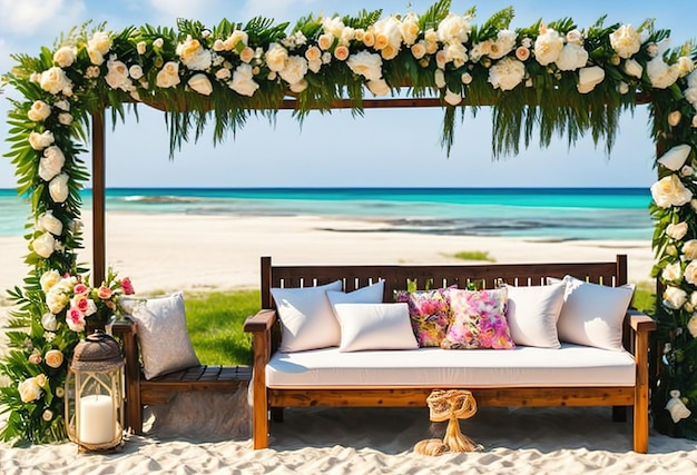 A beach scene with a couch and flowers on the beach.