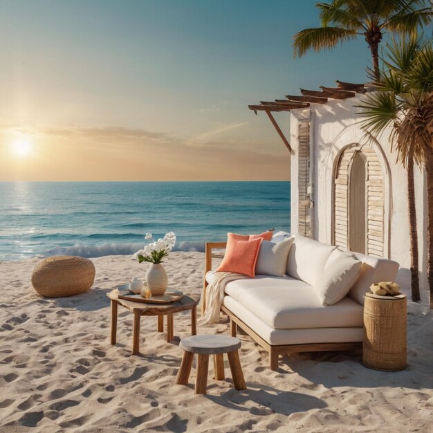 a beach scene with a couch and a table with a palm tree and a chair