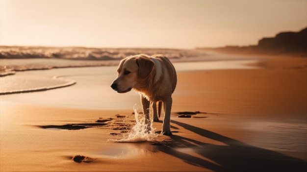 A beach scene with a dog playing in the sand