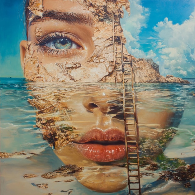 Photo beach scene with female portrait and water reflections oil painting with ocean and ladder