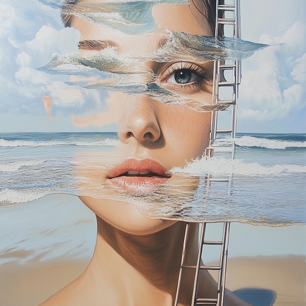 Beach Scene with Female Portrait and Water Reflections Oil Painting with Ocean and Ladder