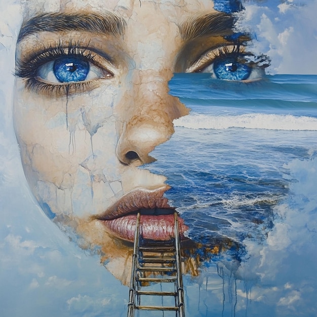 Beach Scene with Female Portrait and Water Reflections Oil Painting with Ocean and Ladder