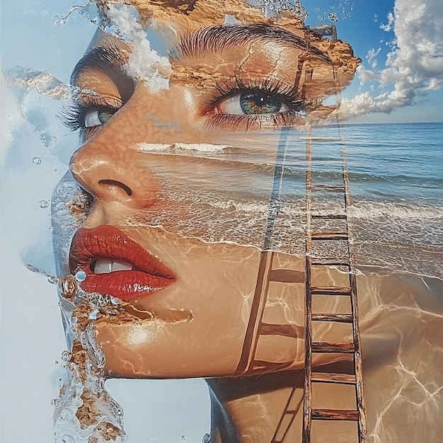 Beach Scene with Female Portrait and Water Reflections Oil Painting with Ocean and Ladder