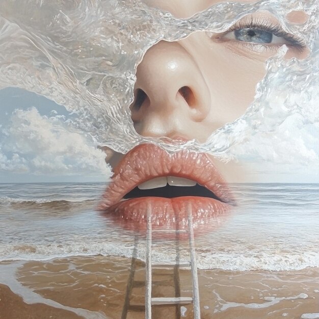 Photo beach scene with female portrait and water reflections oil painting with ocean and ladder