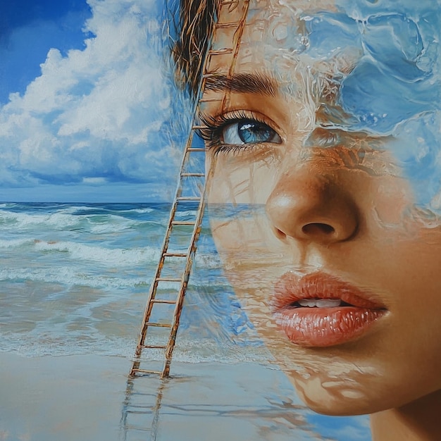 Beach Scene with Female Portrait and Water Reflections Oil Painting with Ocean and Ladder