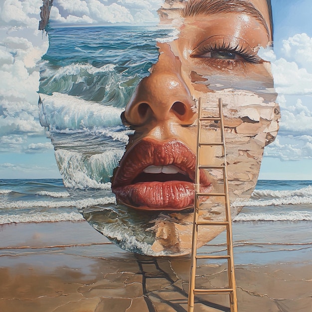 Photo beach scene with female portrait and water reflections oil painting with ocean and ladder