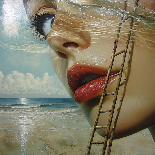 Photo beach scene with female portrait and water reflections oil painting with ocean and ladder