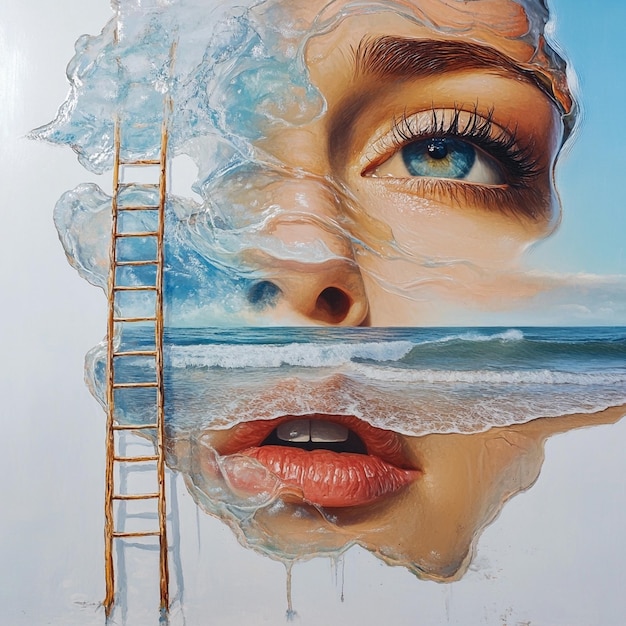 Beach Scene with Female Portrait and Water Reflections Oil Painting with Ocean and Ladder