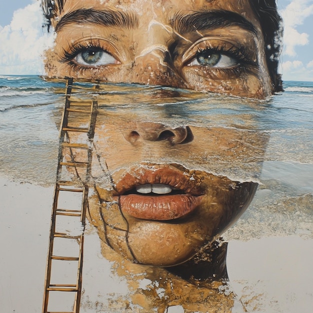 Beach Scene with Female Portrait and Water Reflections Oil Painting with Ocean and Ladder