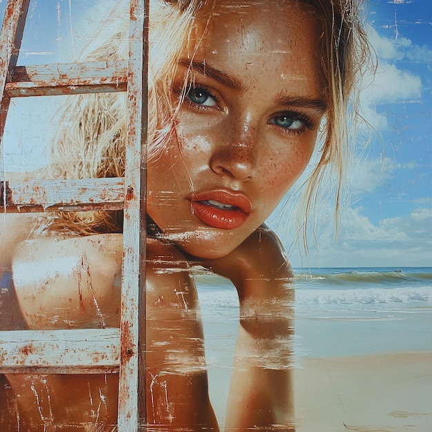 Beach Scene with Female Portrait and Water Reflections Oil Painting with Ocean and Ladder