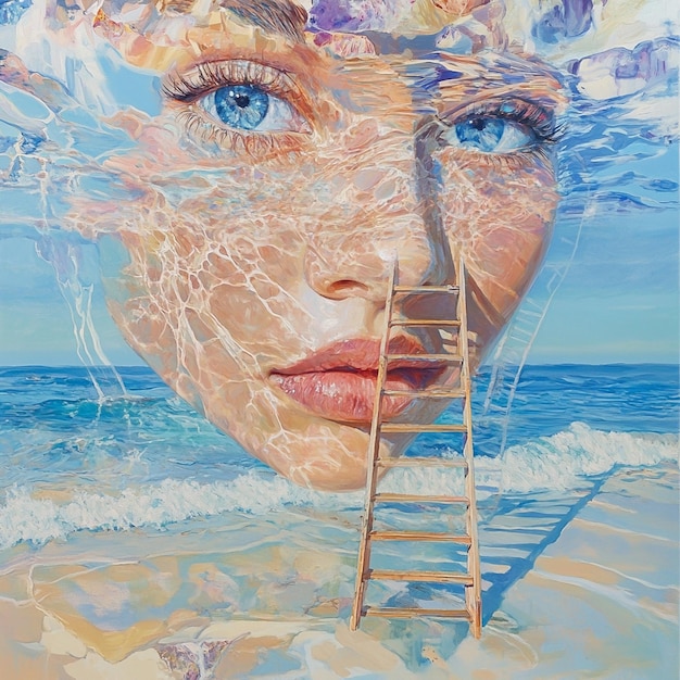 Beach Scene with Female Portrait and Water Reflections Oil Painting with Ocean and Ladder