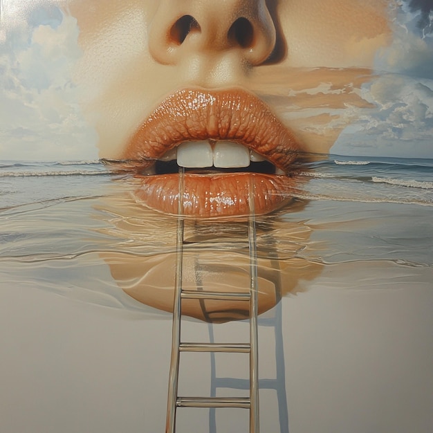 Photo beach scene with female portrait and water reflections oil painting with ocean and ladder