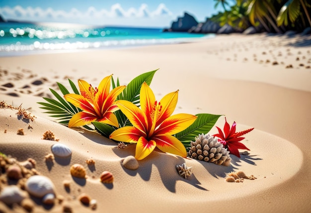 a beach scene with flowers and a sand beach and palm trees