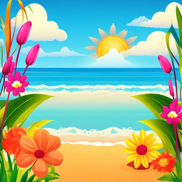 A beach scene with flowers and the sun