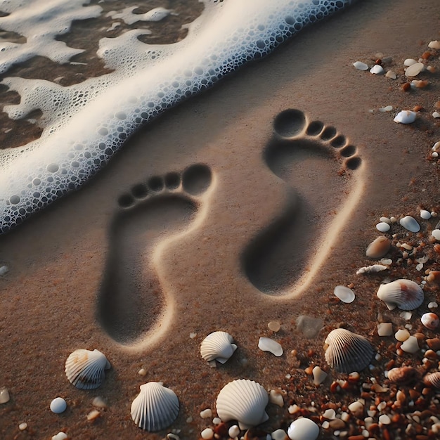 a beach scene with a foot print drawn on the sand