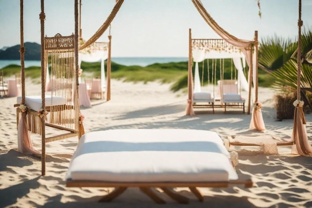 Photo a beach scene with a hammock and a bed with a white cover