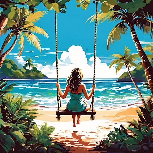 A beach scene with a hammock and a palm tree