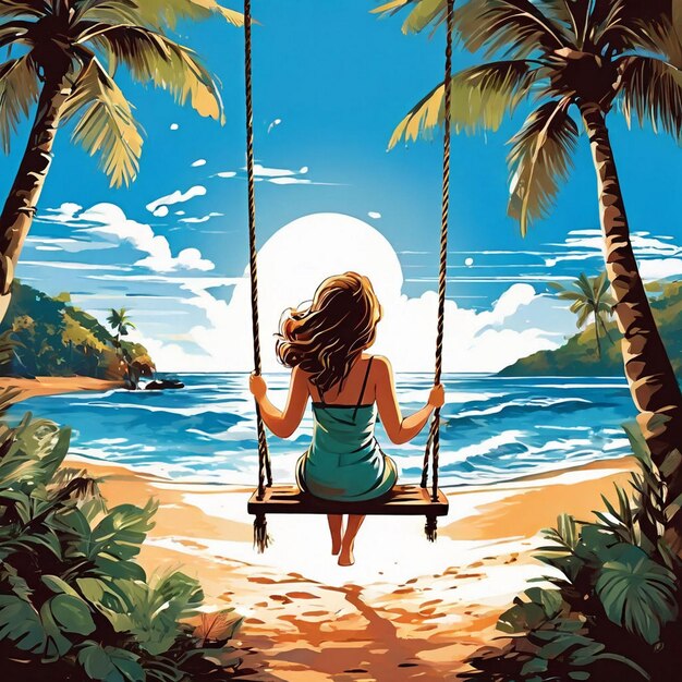 A beach scene with a hammock and a palm tree