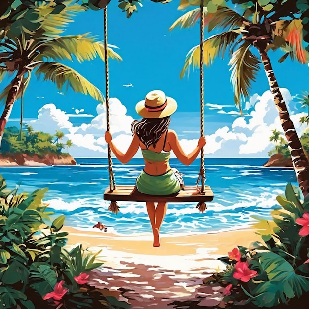 A beach scene with a hammock and a palm tree