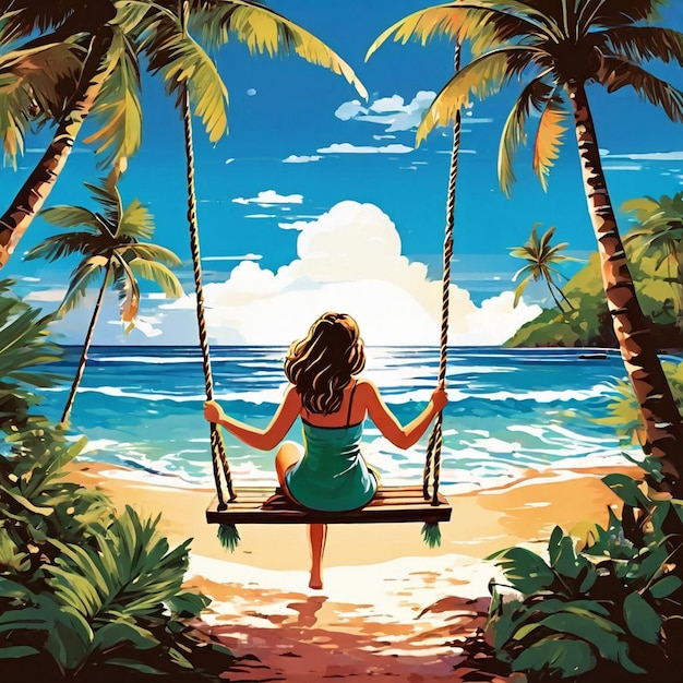 A beach scene with a hammock and a palm tree