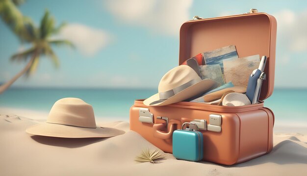 a beach scene with a hat hat and a hat on the beach