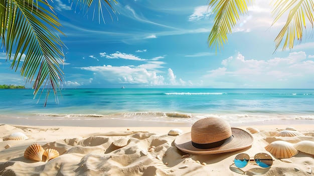 a beach scene with a hat and a palm tree on the beach