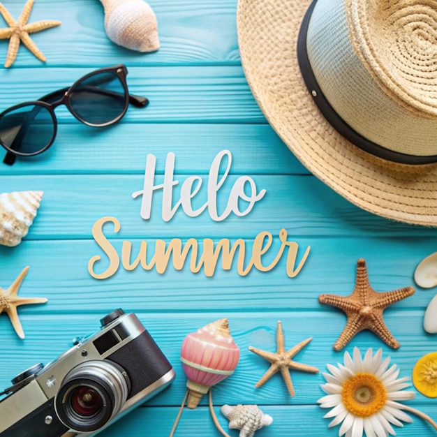 Photo a beach scene with a hat sunglasses and a straw hat