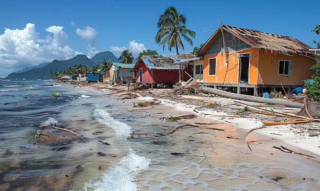 a beach scene with houses on the shore and a palm tree in the foreground